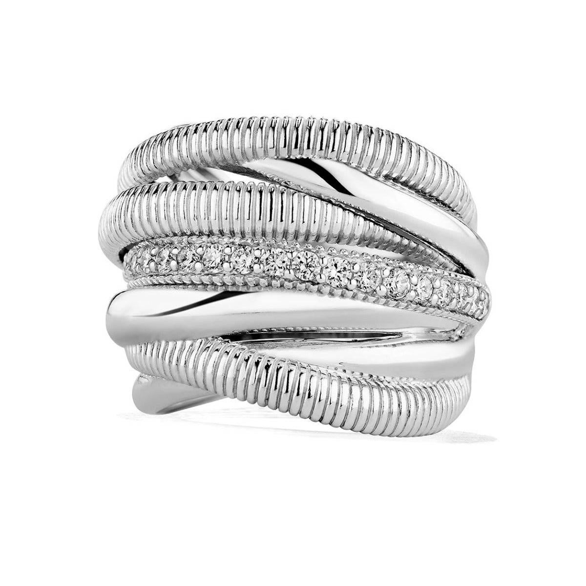 Judith Ripka Sterling Silver Eternity Seven Band Highway Ring with Diamonds