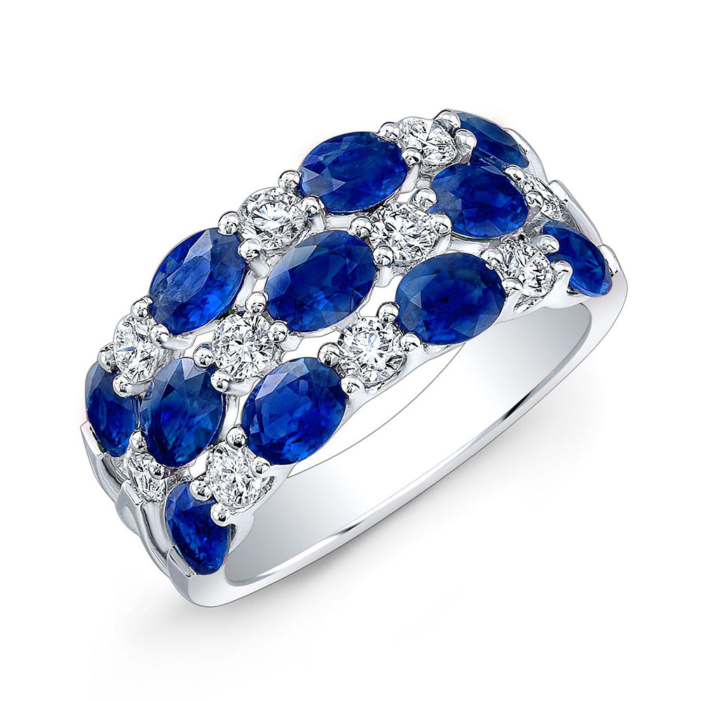 18Kt White Gold Sapphire and Diamond Three Row Wide Band