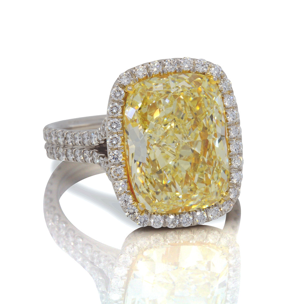 6.08ct Fancy Yellow Cushion Cut Diamond Ring in Platinum And 18Kt Yellow Gold