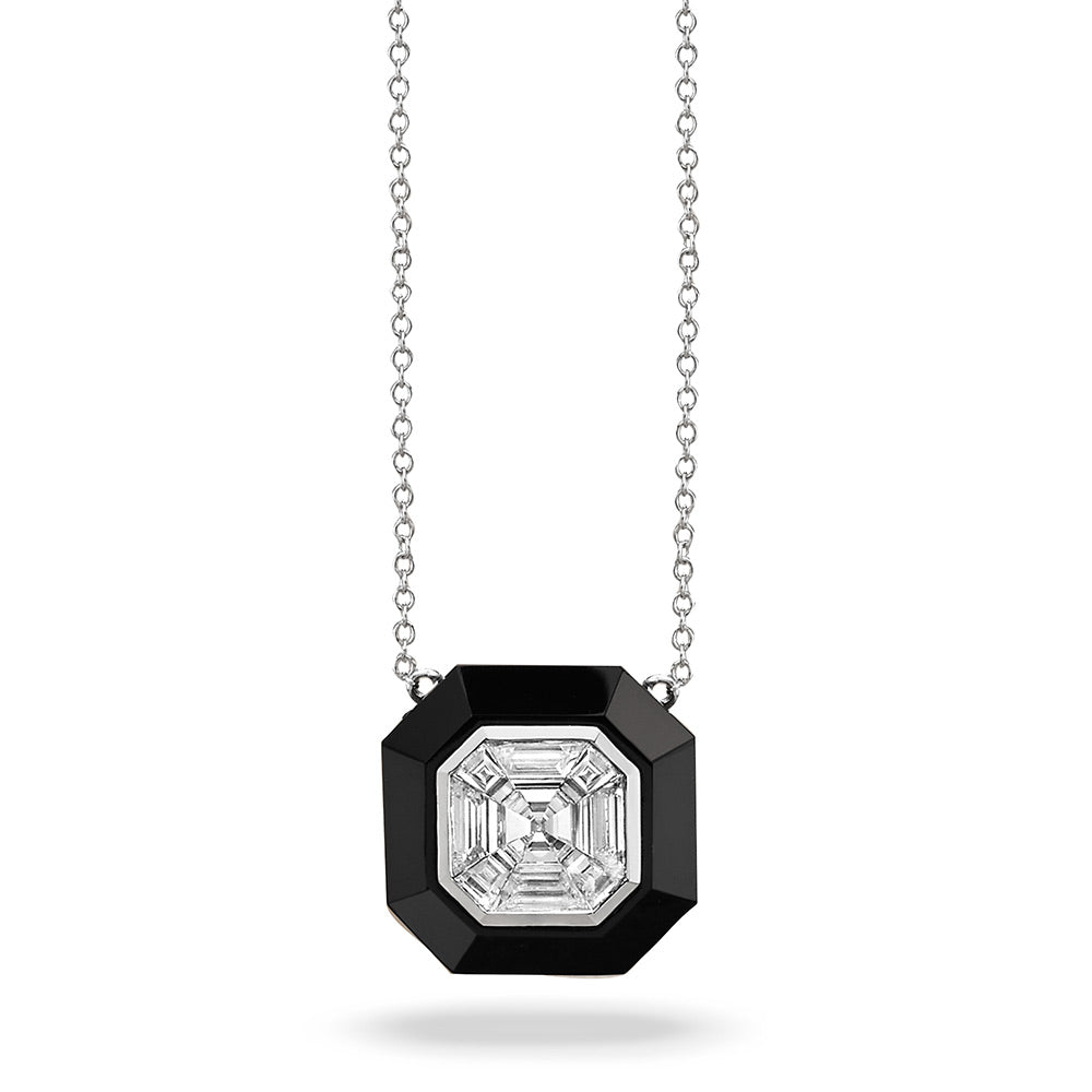 18Kt White Gold Octagonal Onyx and Diamond Necklace