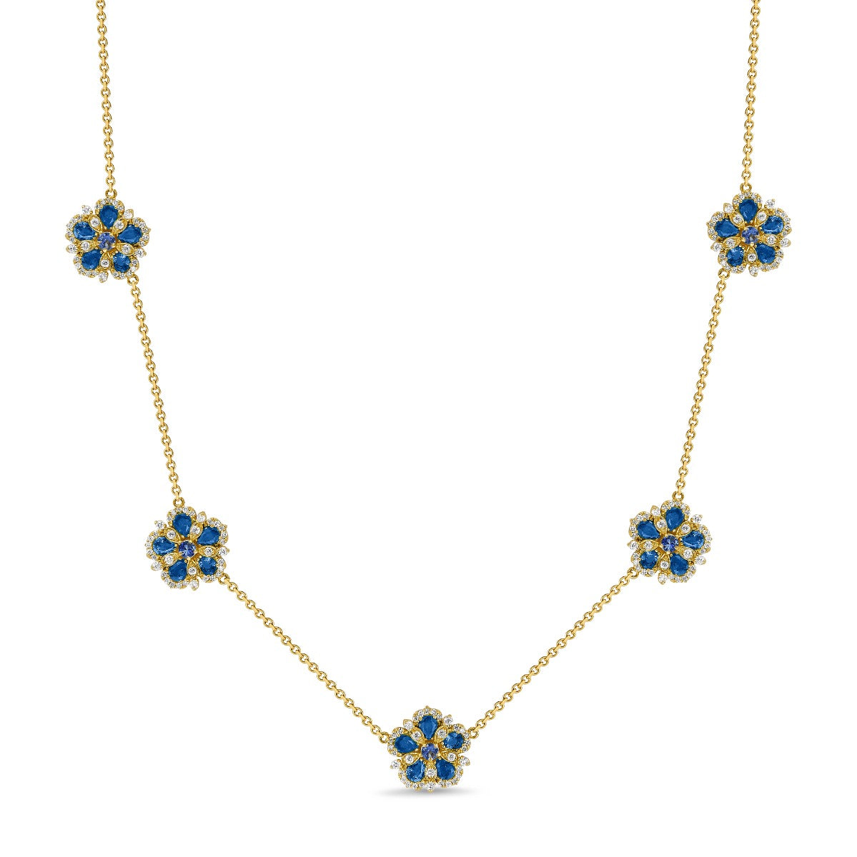 18Kt Yellow Gold Jasmine Bloom Five Station Necklace With Sapphires And Diamonds
