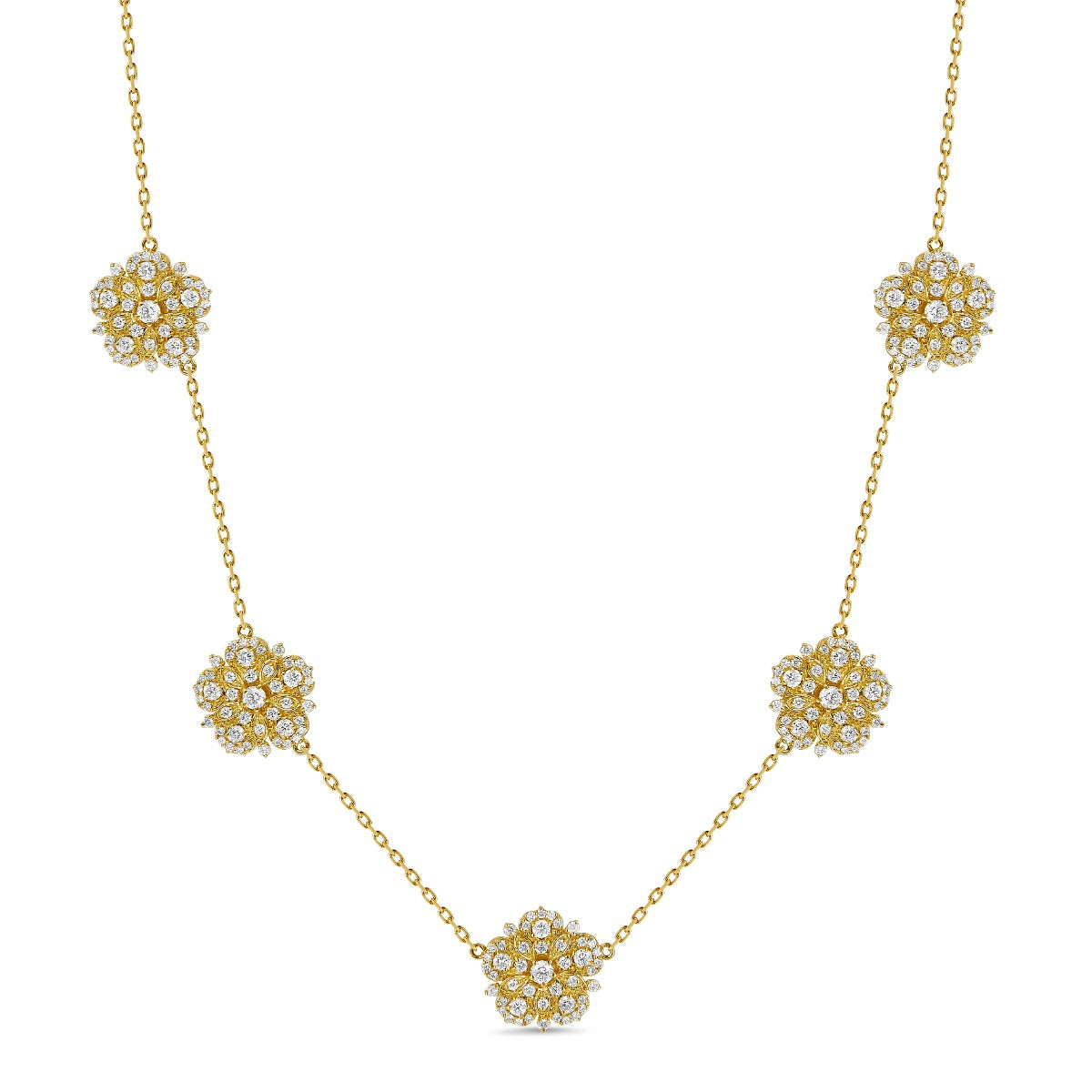 Tanya Farah 18Kt Yellow Gold Handmade Jasmine Bloom Five Station Necklace With Diamonds