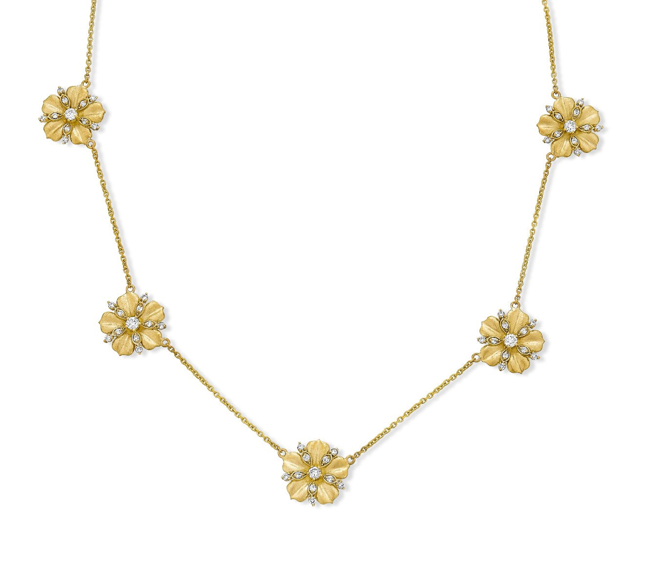 Tanya Farah 18Kt Yellow Gold Handmade Jasmine Bloom Floral Station Necklace With Diamonds