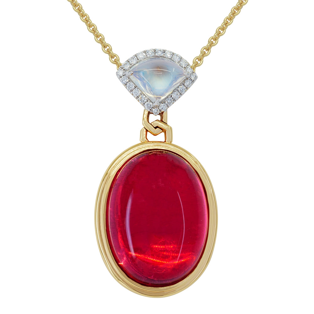 18Kt Rose, White And Yellow Goldl Rubellite, MoonstAnd Diamond Necklace