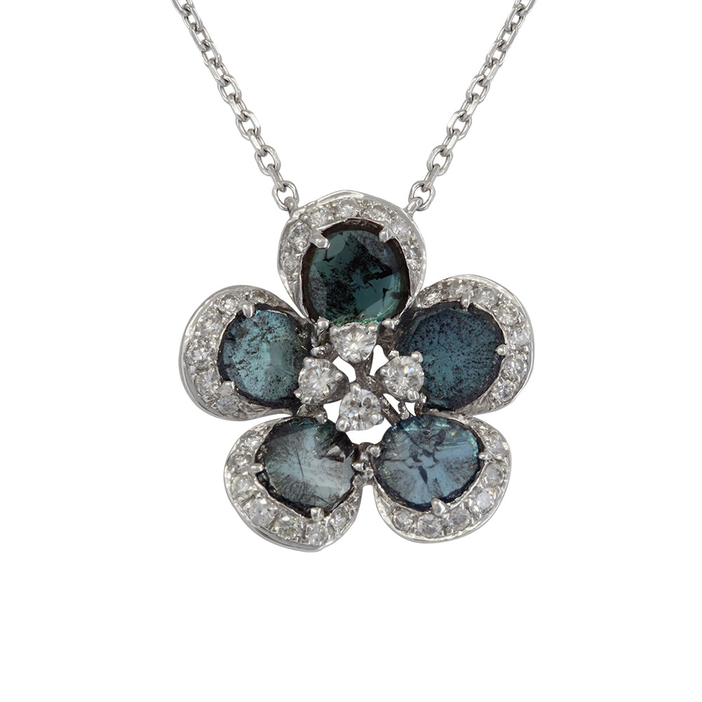 18K White Gold Sliced Diamond Flower Necklace