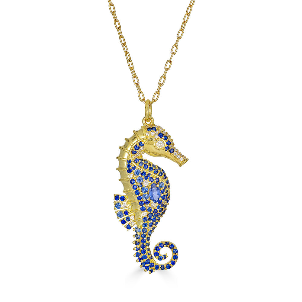 Tanya Farah 18Kt Yellow Gold Seahorse Pendant With Sapphires And Diamonds on 16" Chain