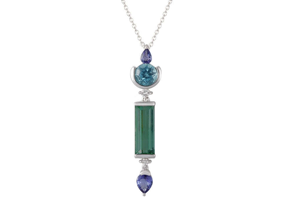 18K White Gold Vertical Tourmaline, Apatite, Tanzanite and Diamond Pendant