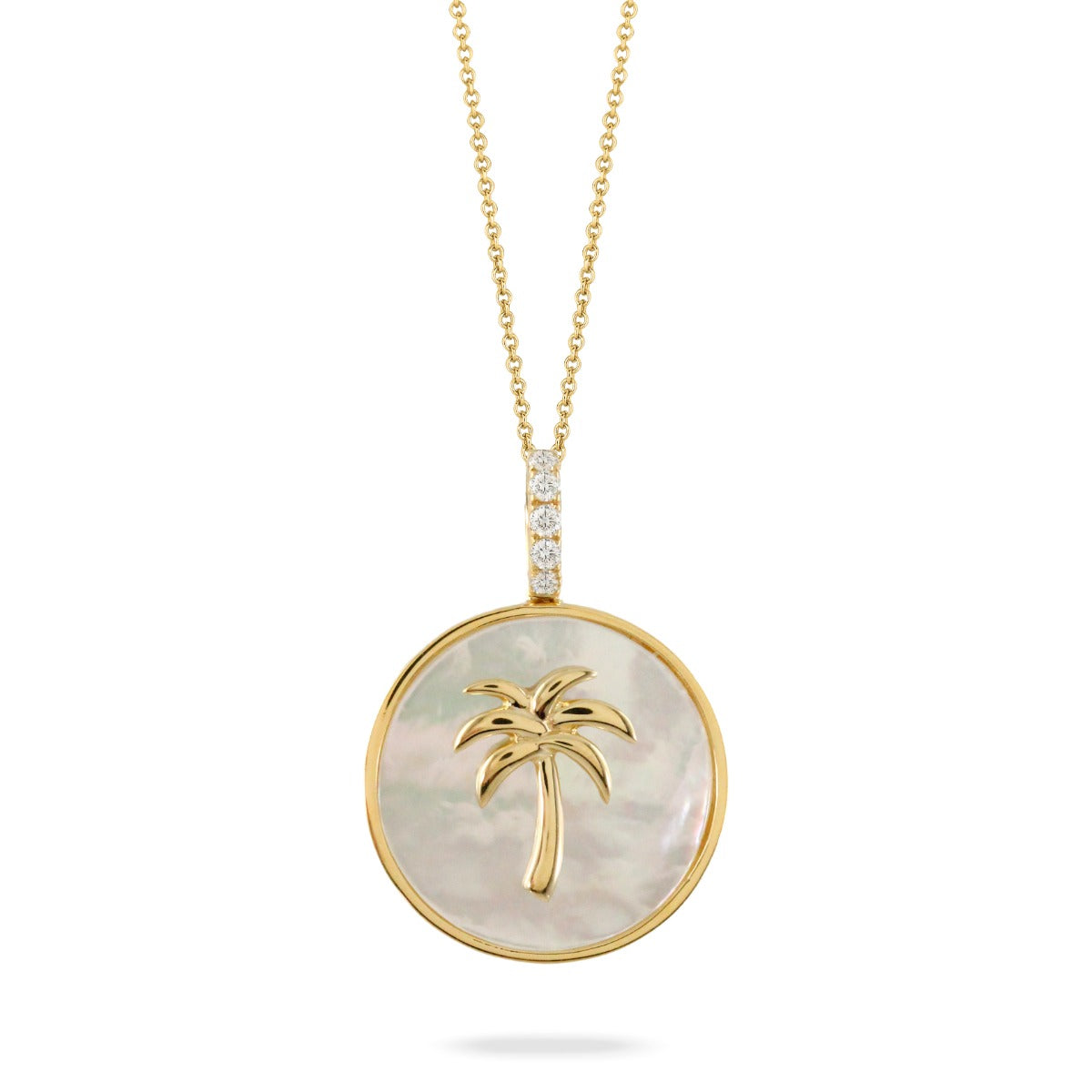 18Kt Yellow Gold Mother Of Pearl Palm Tree Disk Pendant And Chain