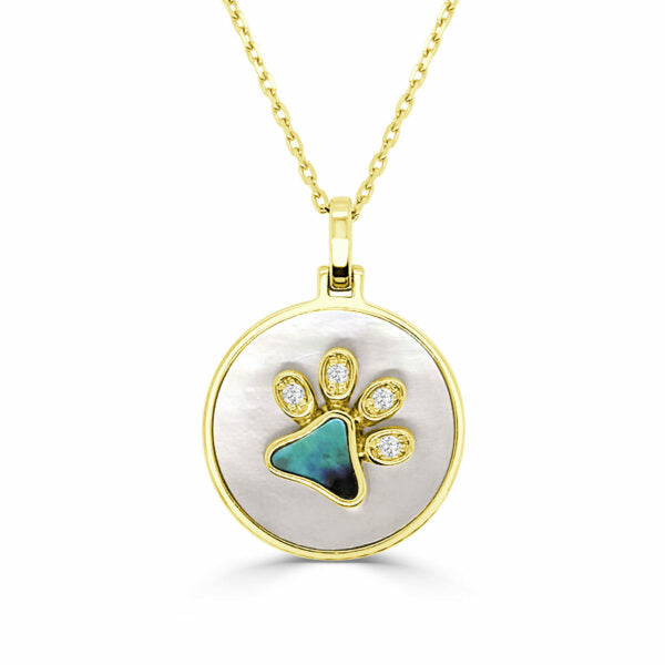 14Kt Yellow Gold Mother Of Pearl And Abalone Dog Print Pendant And Chain