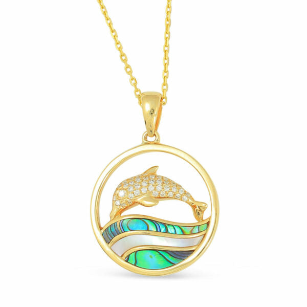 14Kt Yellow Gold Abalone Dolphin Pendant