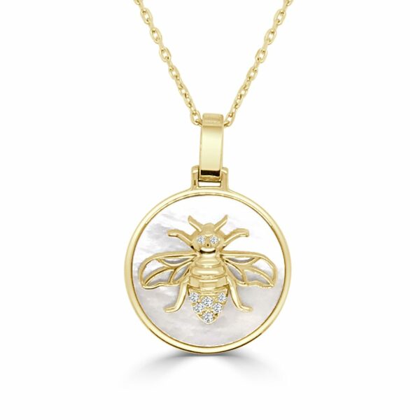 14Kt Yellow Gold Mother Of Pearl Bumble Bee Disk Pendant And Chain
