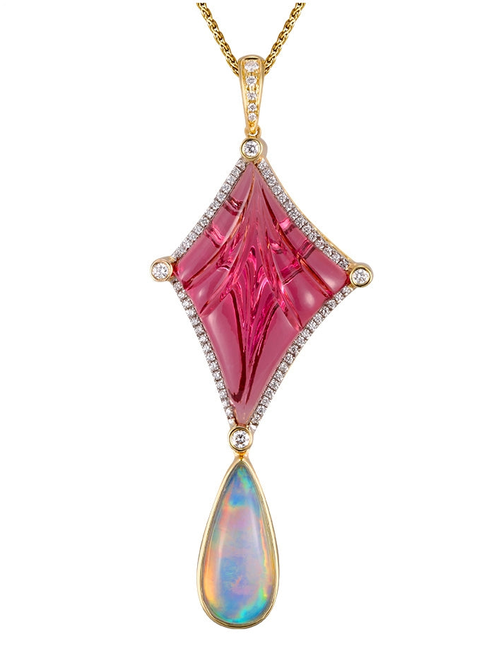 18Kt Yellow Gold And Platinum Pink Toumaline, Opal and Diamond Pendant