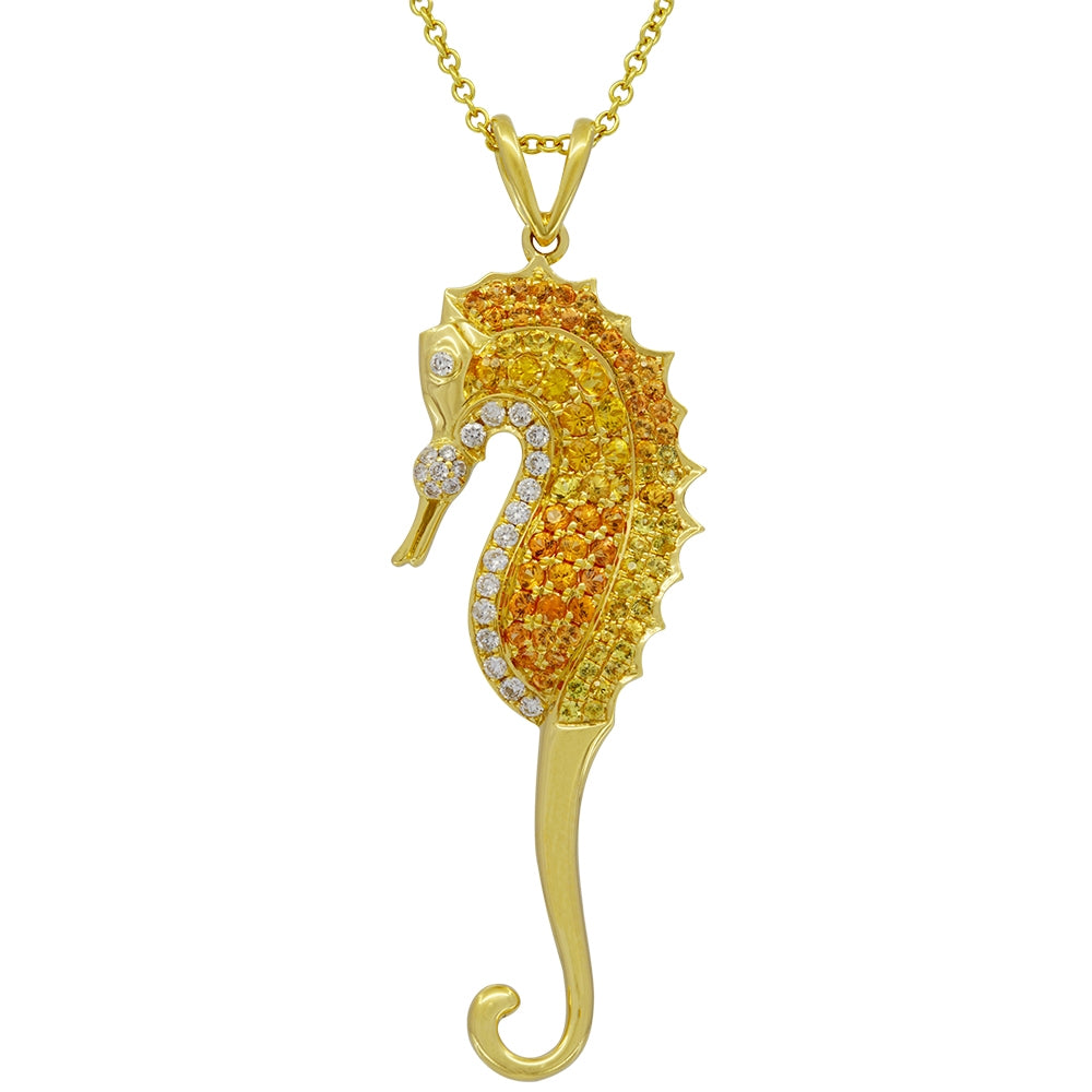 18Kt Yellow Gold Fancy Colored Sapphire and Diamond Seahorse Pendant