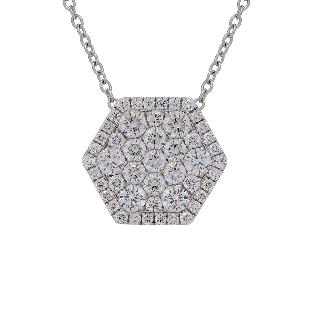 14K Large White Gold Diamond Hexagon Cluster Pendant and 16" Chain