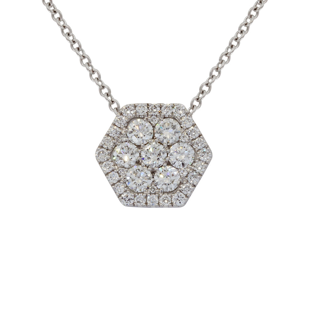 14K White Gold Diamond Hexagon Cluster Pendant and 16" Chain