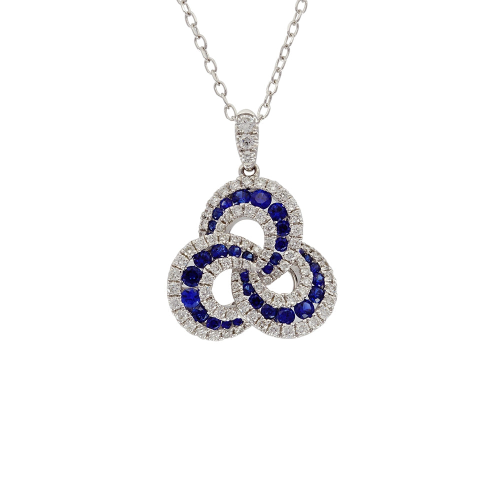 18Kt White Gold Sapphire and Diamond Love Knot Pendant and Chain