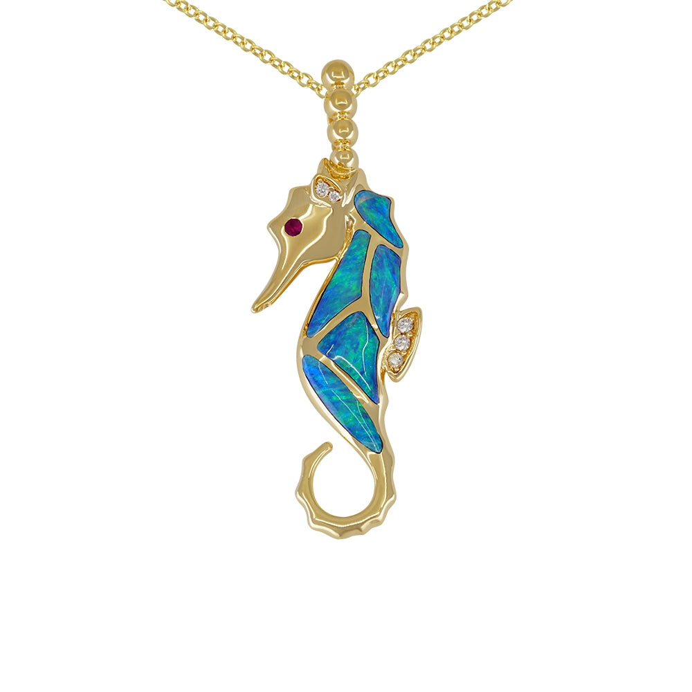 14K Yellow Gold Kabana Inlay Opal and Diamond Seahorse Pendant