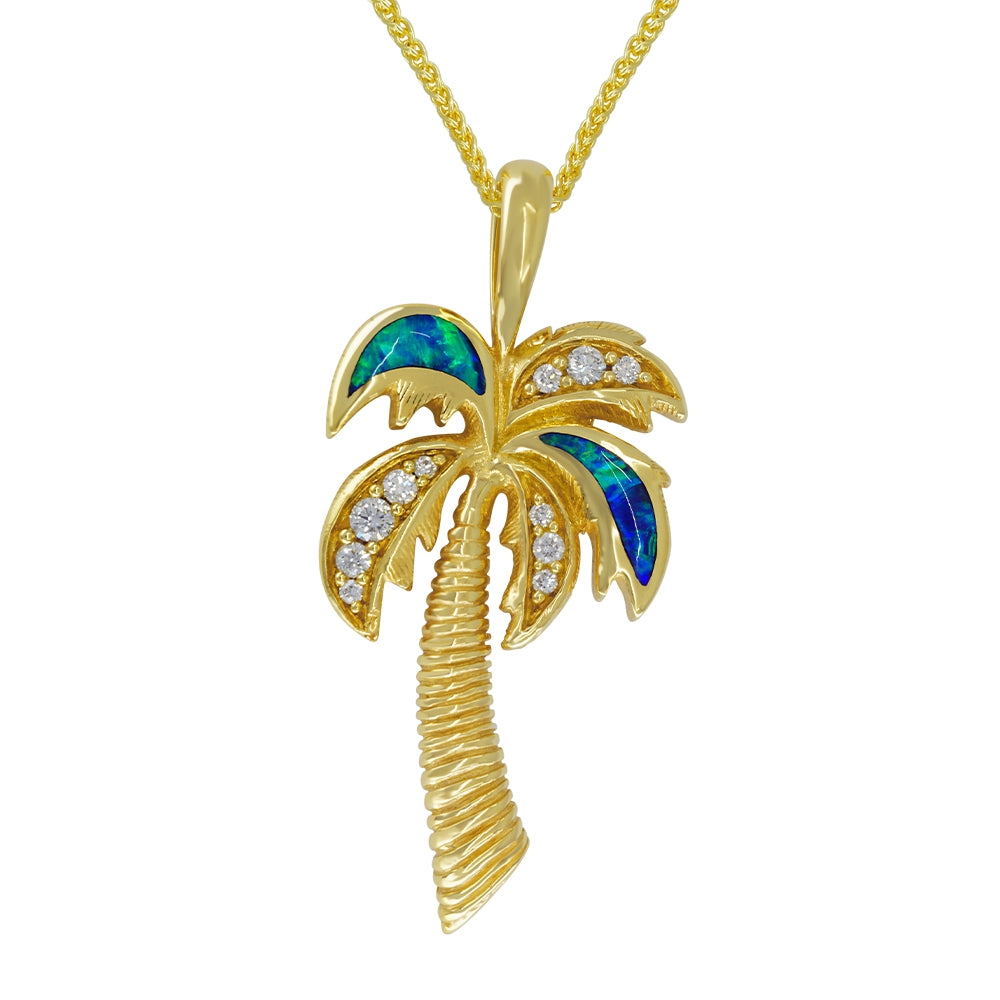18K Yellow Gold Kabana Opal Inlay and Diamond Palm Tree Pendant and Chain
