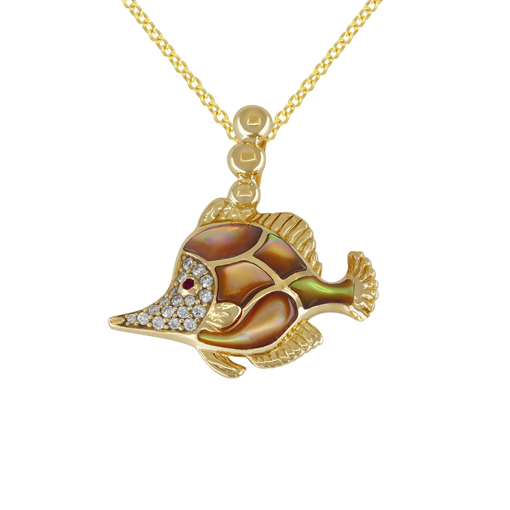 14K Yellow Gold Kabana Inlay Black Mother Of Pearl Fish Pendant and Chain