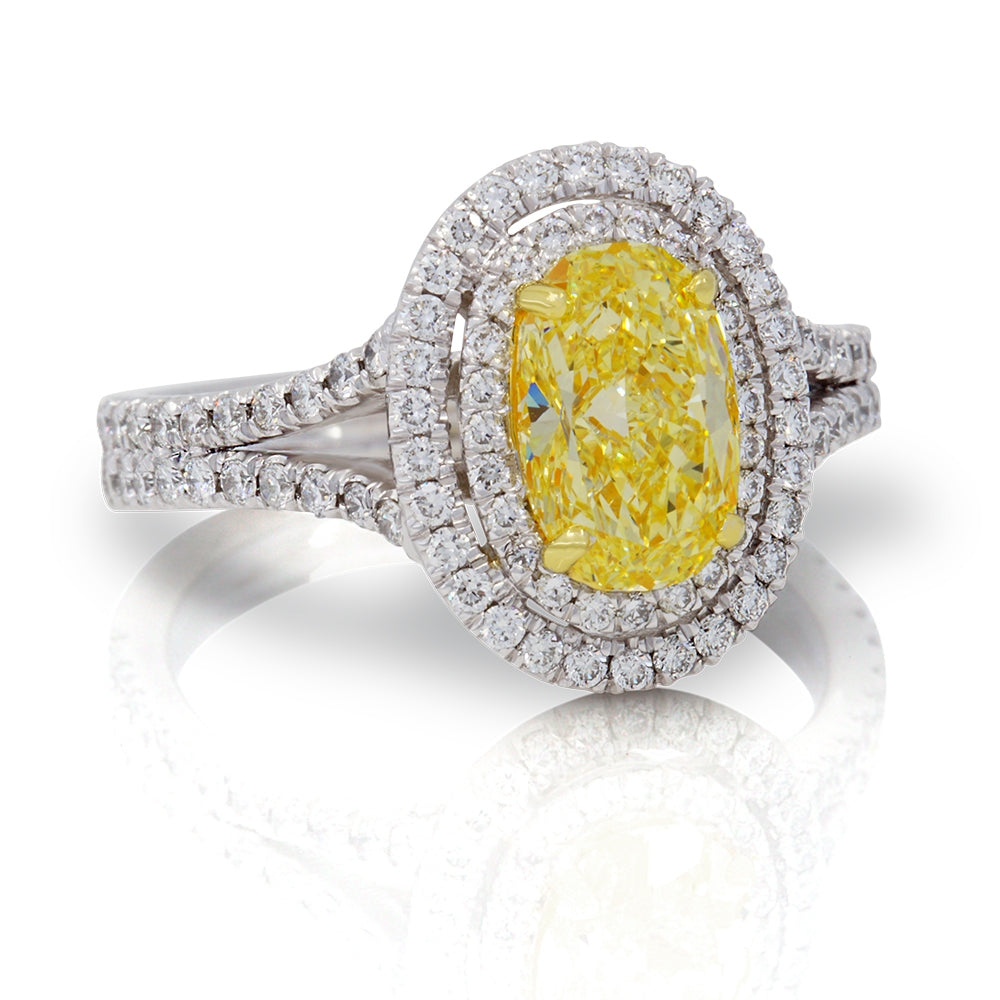 Platinum Oval Fancy Intense Yellow Diamond Double Halo Ring