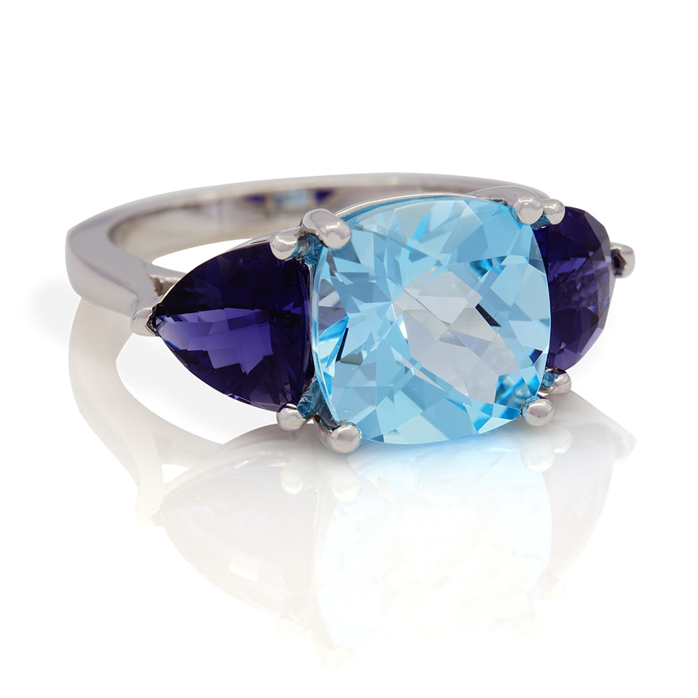 14K White Gold Blut Topaz and Iolite Ring