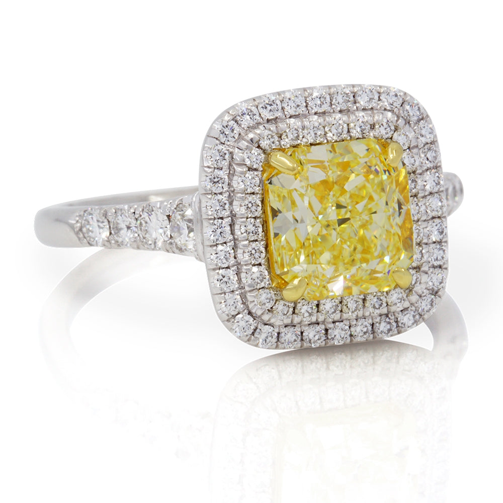 Platinum Fancy Yellow Diamond Double Halo Ring
