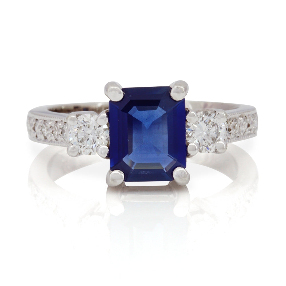 14Kt White Gold Blue Sapphire And Diamond Ring