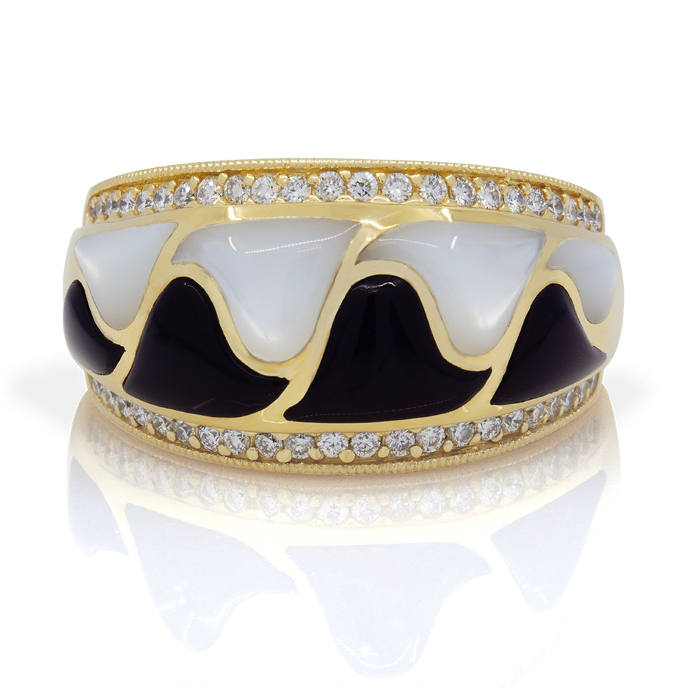 14K Yellow Gold Kabana  Onyx, Mother Of Pearl and Diamond  Ring