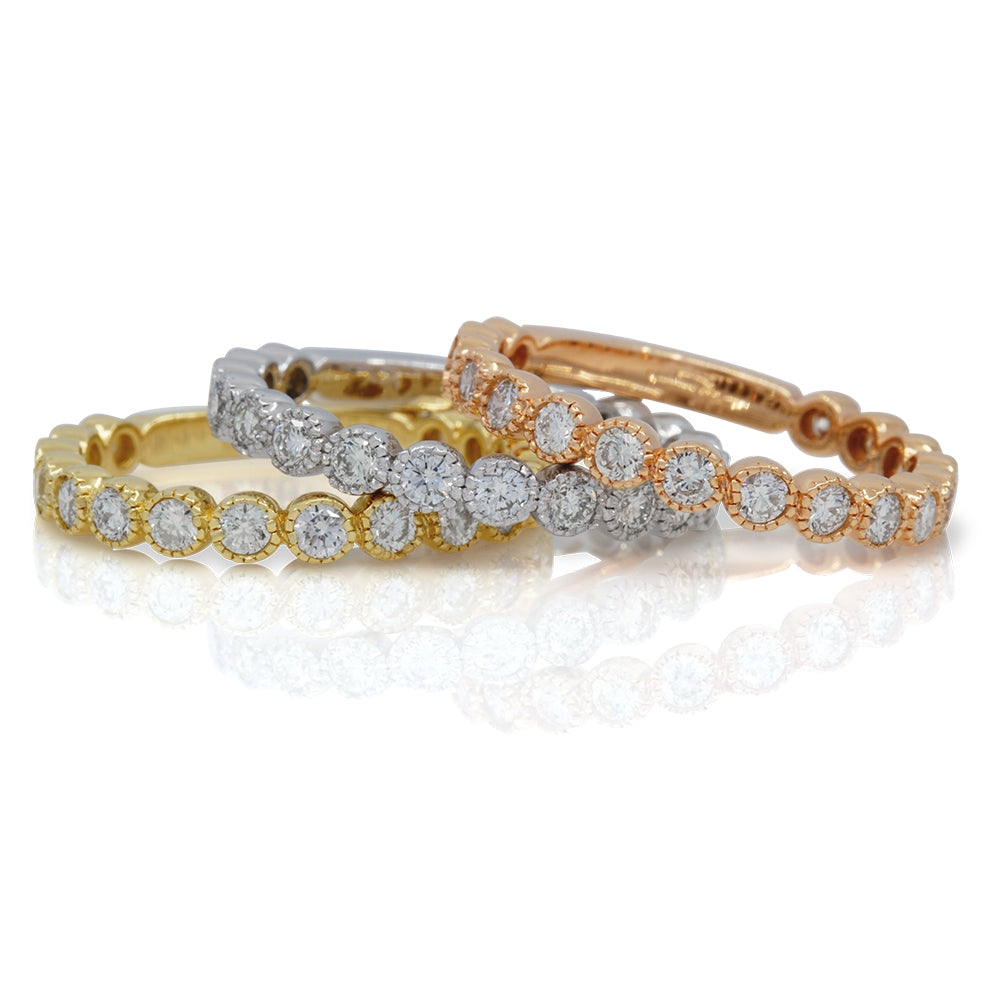 Three 14K Stackable Diamond Bands in Yellow White and Rose Gold