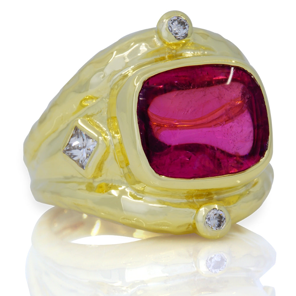 14K Yellow Hammered Gold Pink Tourmaline and Diamond Ring