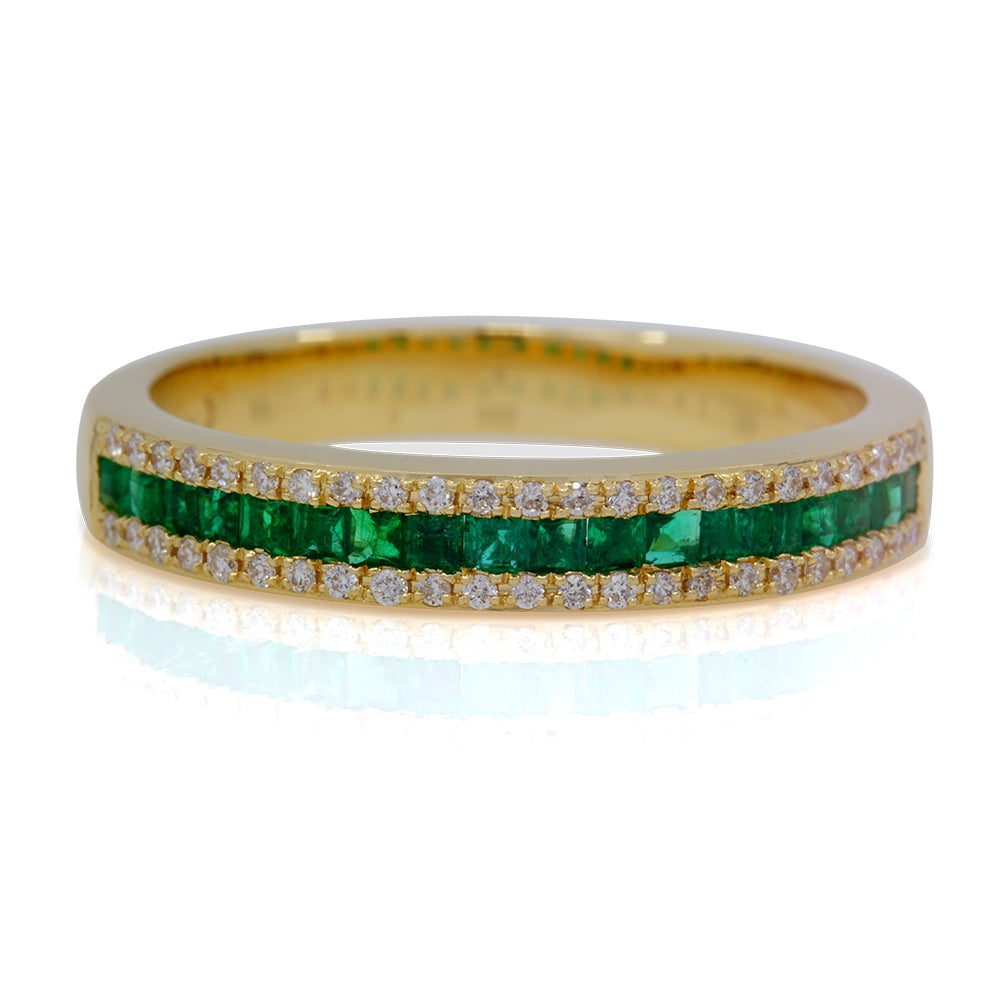 14K Yellow Gold Channel Set Emerald and Diamond Band