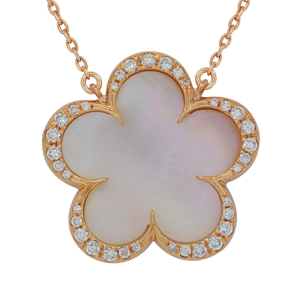 18Kt Rose Gold Pink Mother of Pearl and Diamond Pendant and Chain