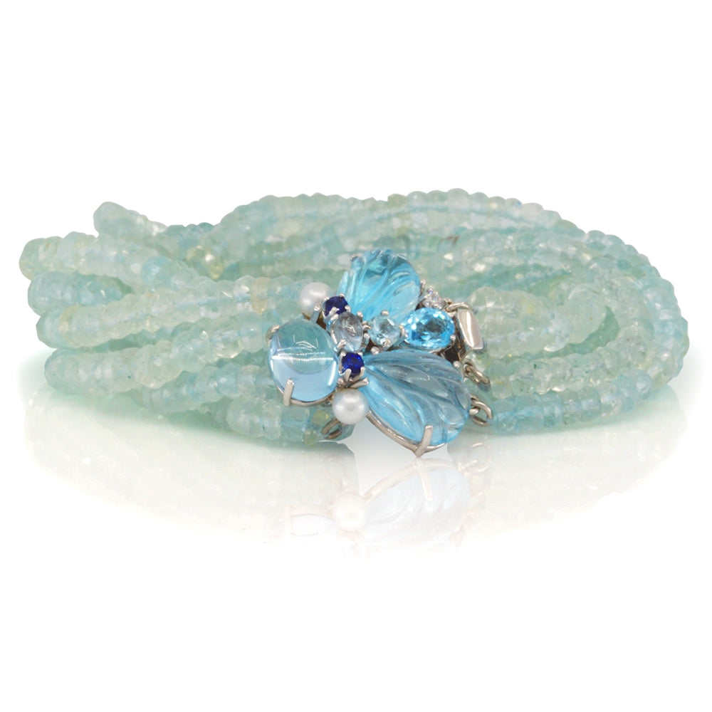 14KW Carved Blue Topaz, Sapphire, Diamond and Pearl Bumble Bee Bracelet