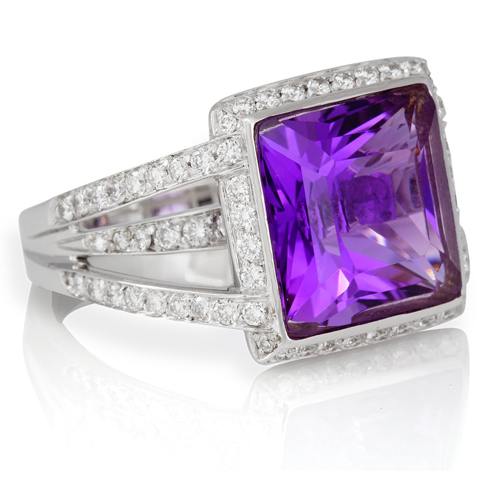 18K White Gold Amythest and Diamond Ring