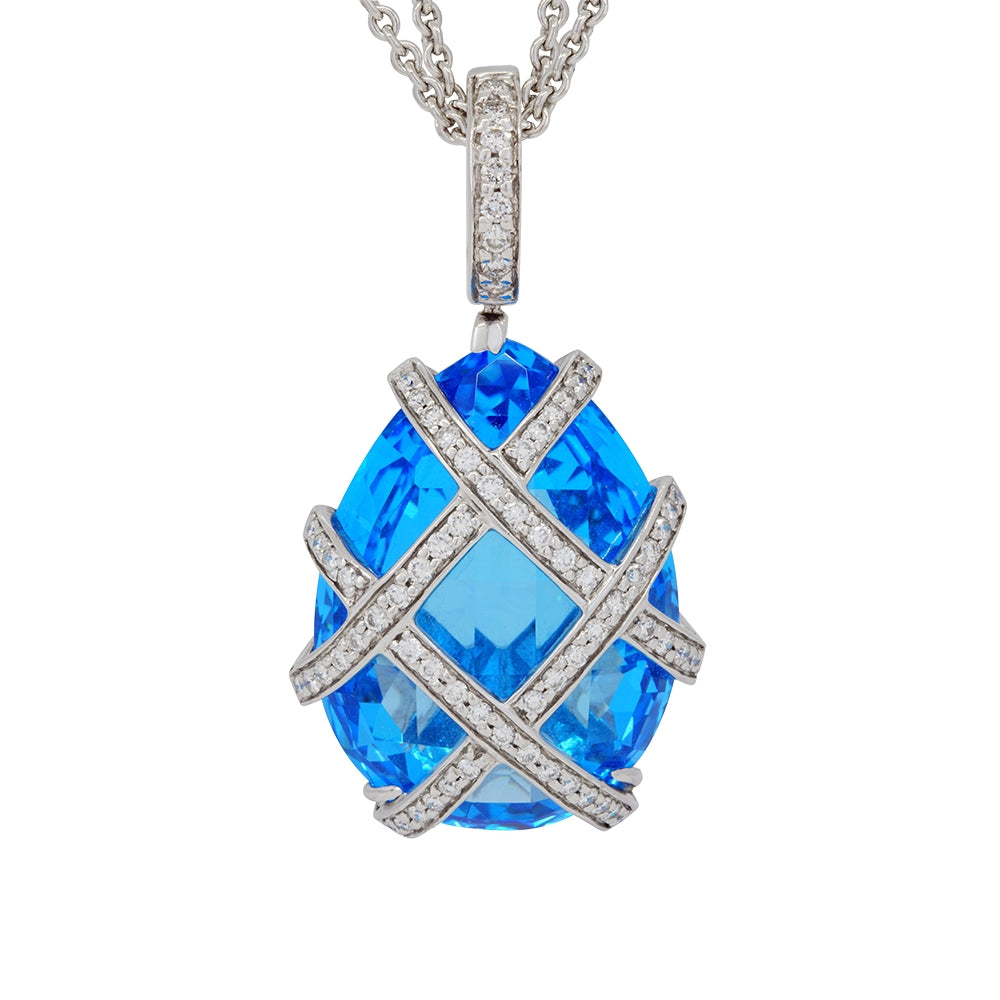 18K White Gold Fantasy Cut Blue Topaz and Diamond Pendant with a 17" Chain