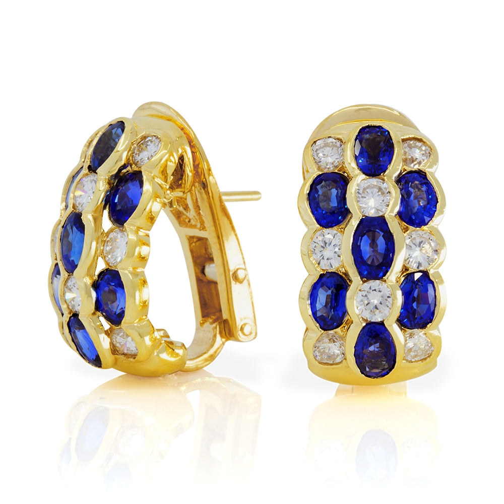18K Yellow Gold Sapphire And Diamond Half Hoop Earrings