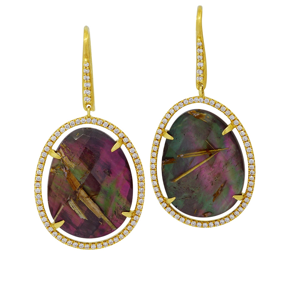 18K Yellow Gold Large Black Mother Of Pearl Backed Rutilated Quartz Earrings