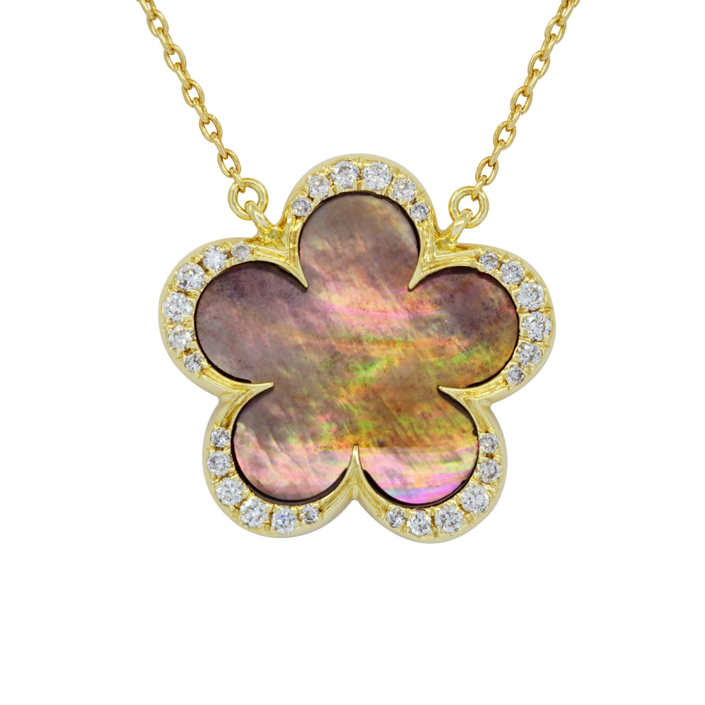 14K Yellow Gold Black Mother Of Pearl and Diamond Flower Pendant and Chain