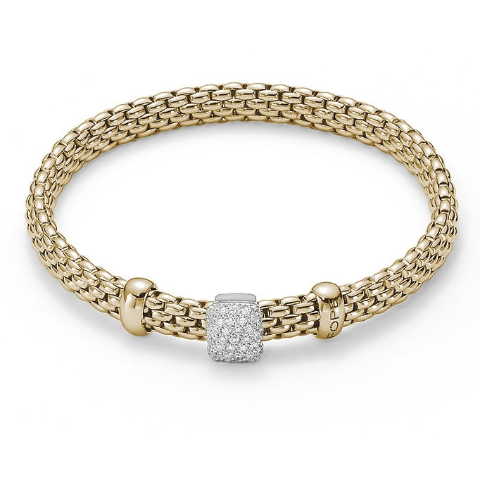 18Kt Yellow Gold Fope  Vendome Flex-It Bracelet With Pave Diamond Square