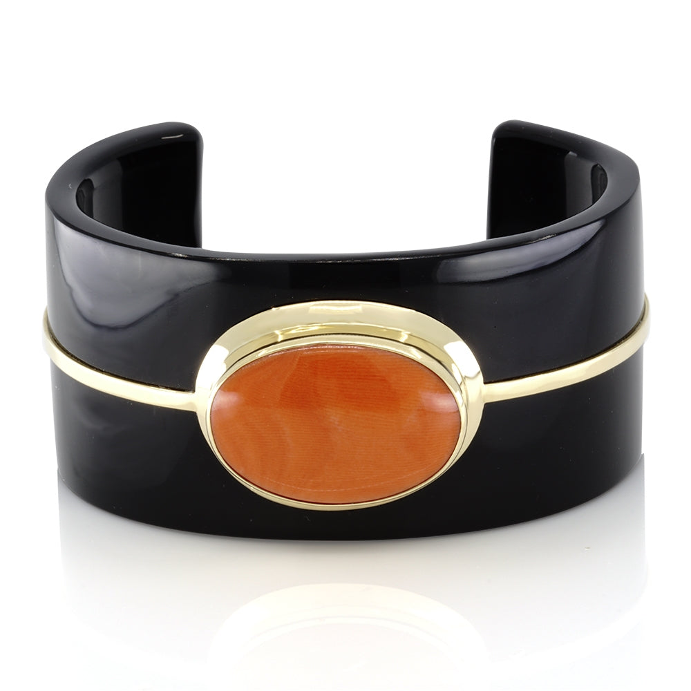 18Kt Yellow Gold Hand Carved Onyx and Coral Cuff
