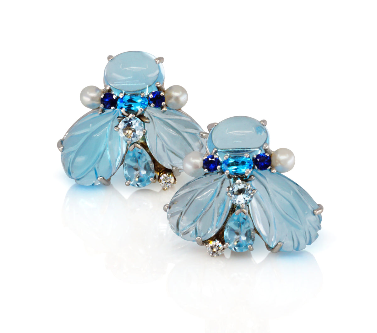 14KW Carved Blue Topaz, Sapphire, Diamond and Pearl Bumble Bee Earrings