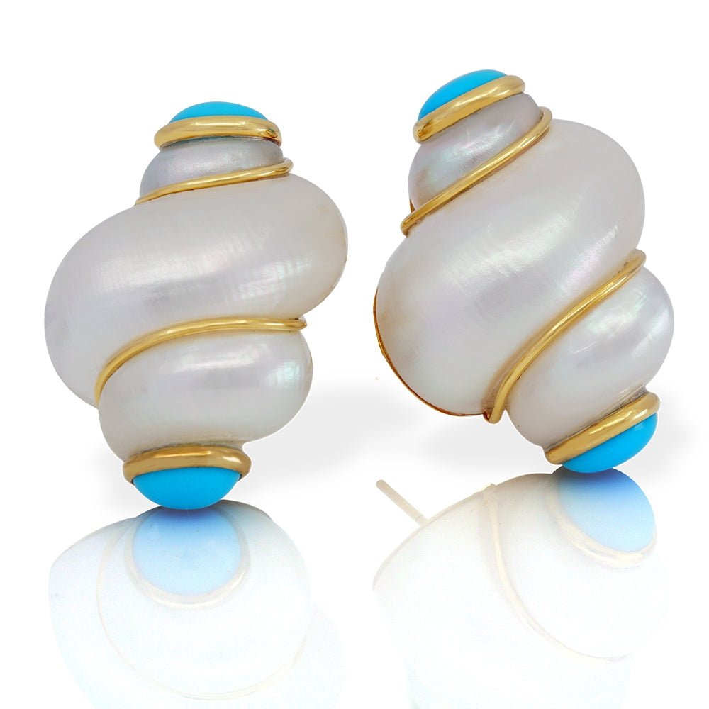 14K Yellow Gold Wrapped Natural Turbo Shell Earrings with Turquoise Cabachons