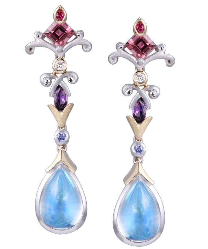 18K Two Tone Moonstone, Amythest, Blue Topaz, Tourmaline and Diamond Dangle Earrings