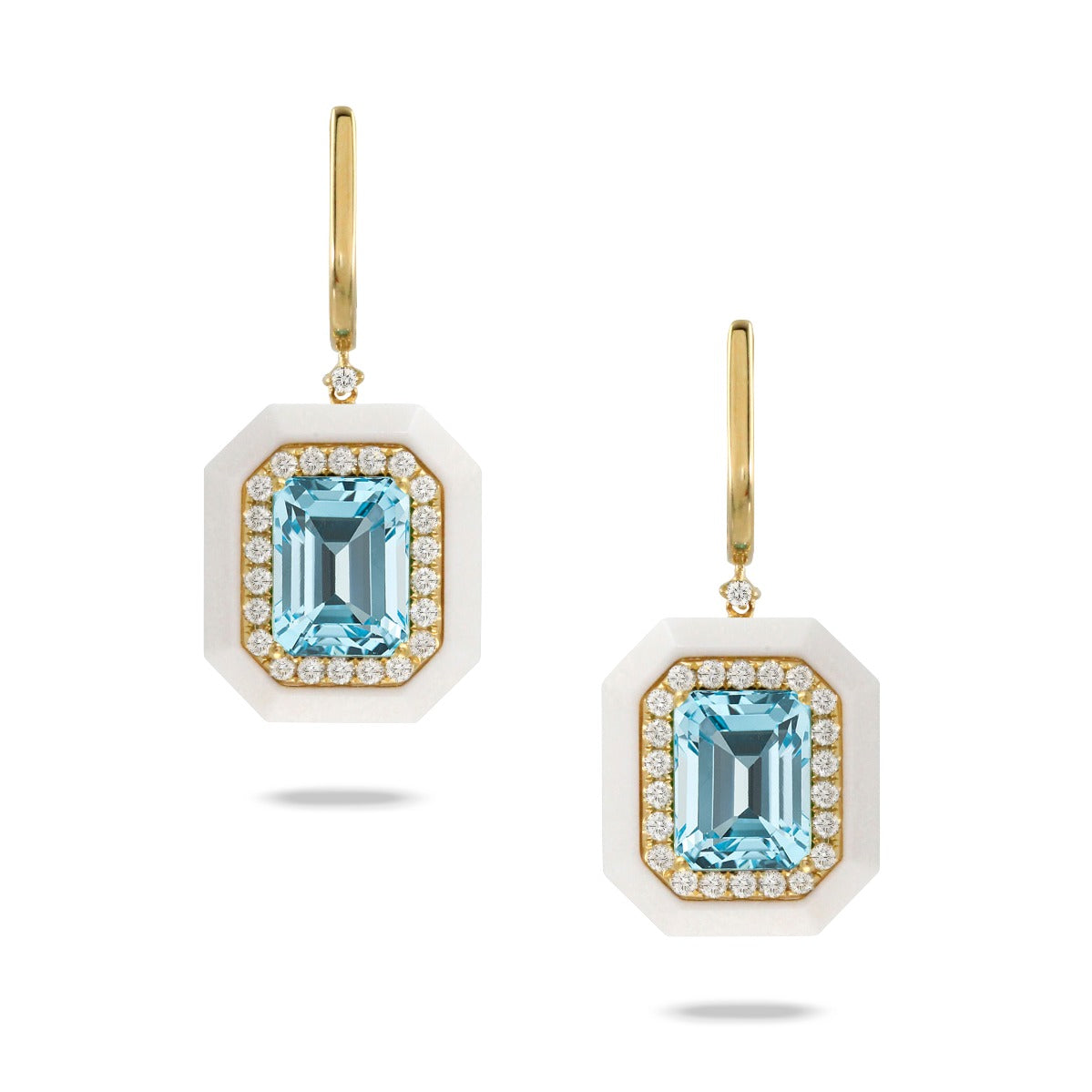 18K Yellow Gold Drop Mondrian Blue Topaz And White Agate Earrings