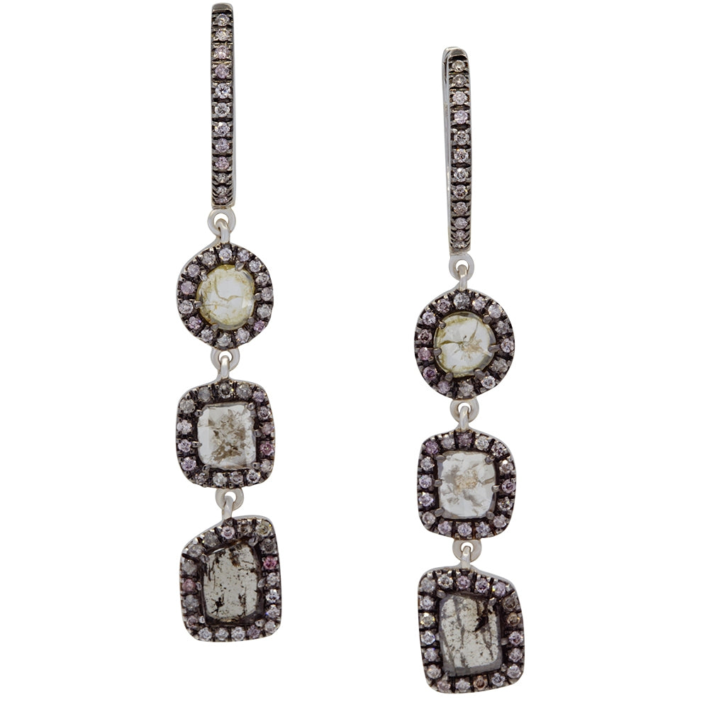 18K White Gold Fancy Rose Cut Diamond Drop Earrings