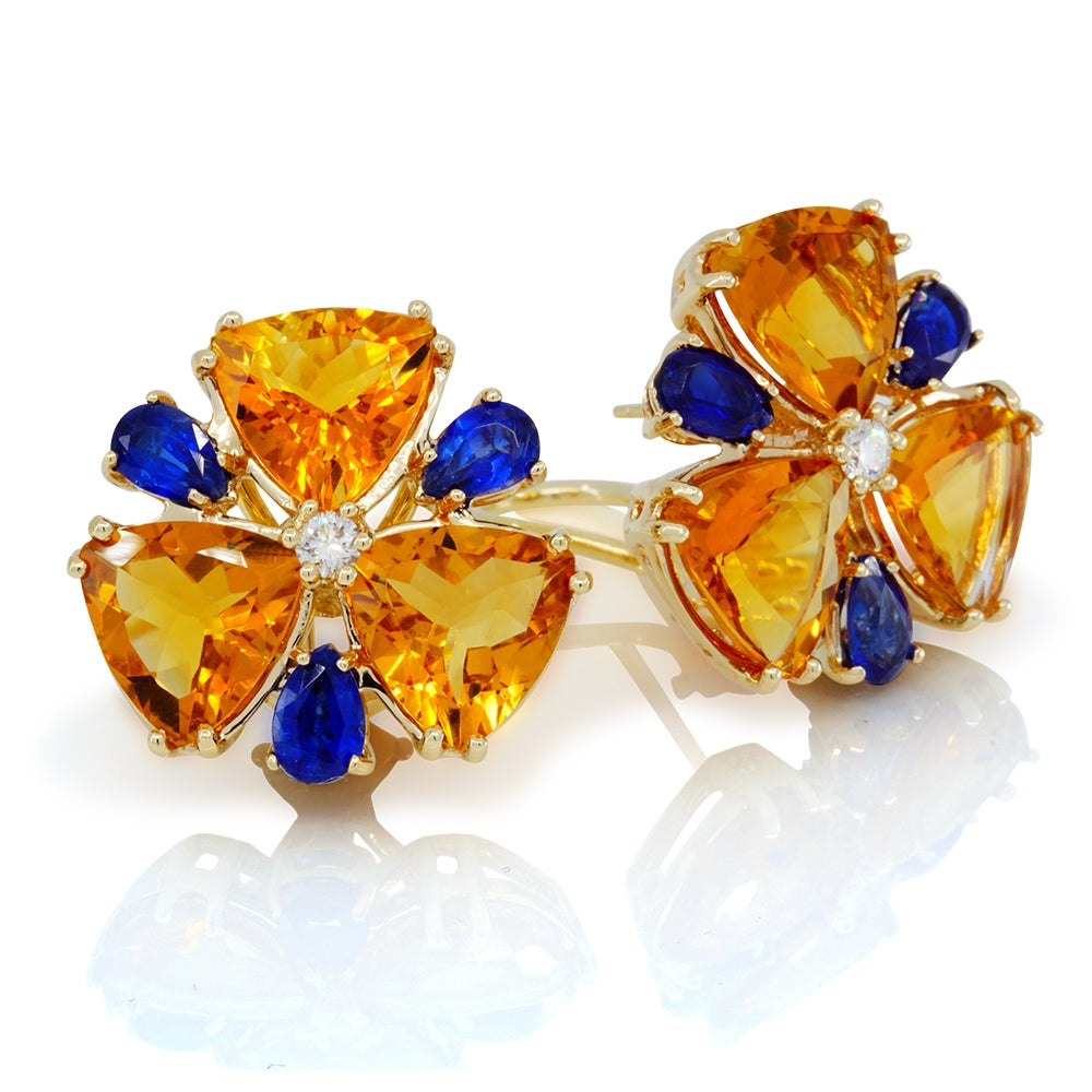 14Kt Yellow Gold Citrine, Kyanite and Diamond Flower Earrings