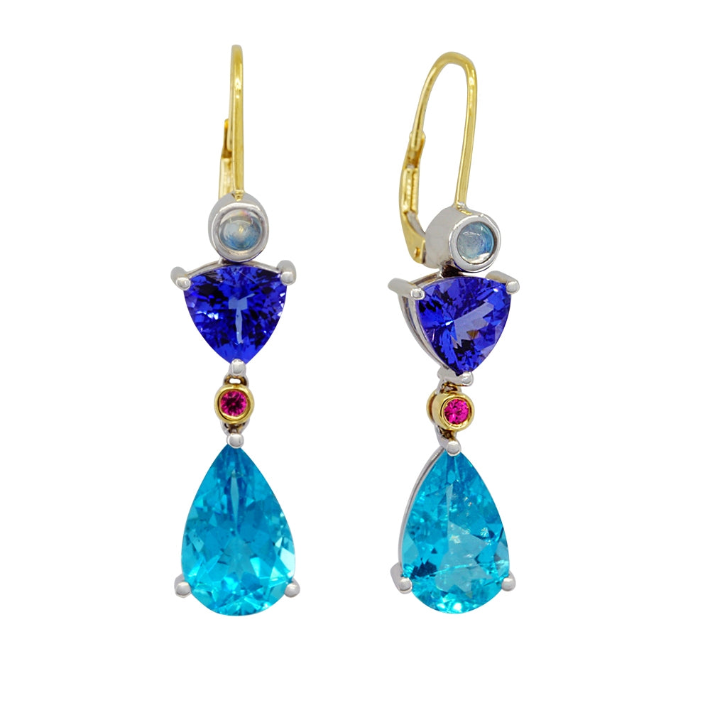 18K Two Tone Tanzanite, Apatite and Moonstone Lever Back Earrings