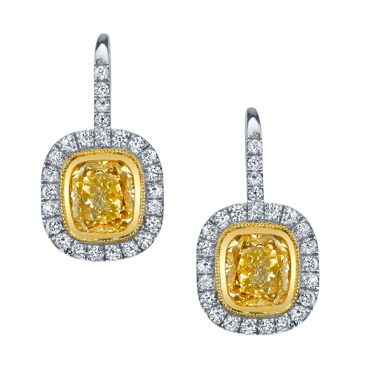Platinum And 18Kt Yellow Gold Lever Back Earrings with Yellow Diamond Drops