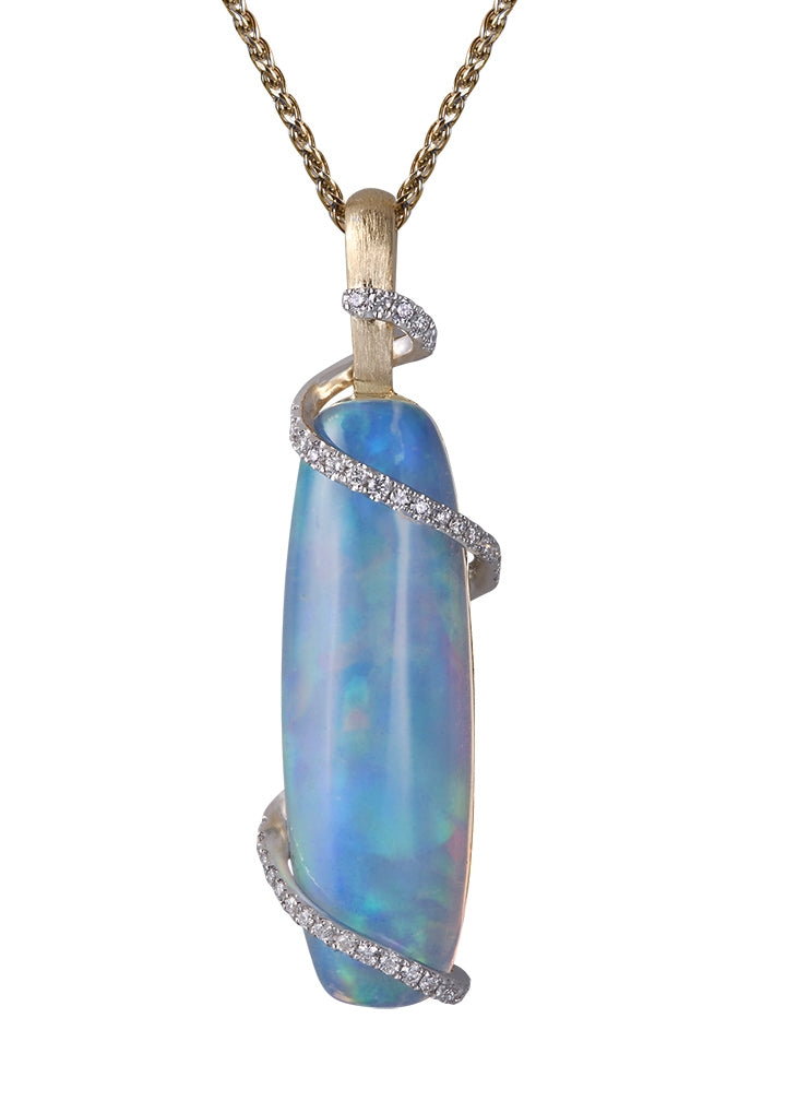 One 18Kt Yellow Gold Handmade Opal And Diamond Pendant