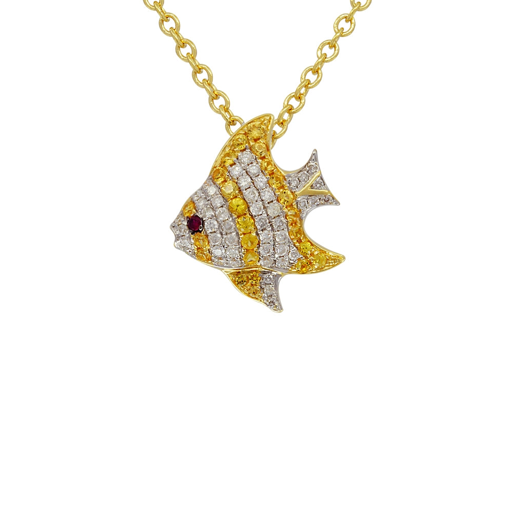 18Kt Yellow Gold Fancy Colored Sapphire and Diamond Angel Fish Pendant